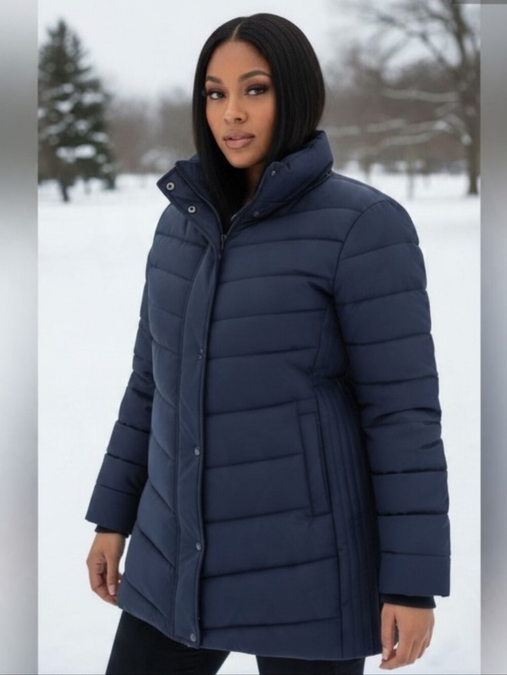 Warm Hooded Puffer Coat with Faux Fur Trim- Navy Blue